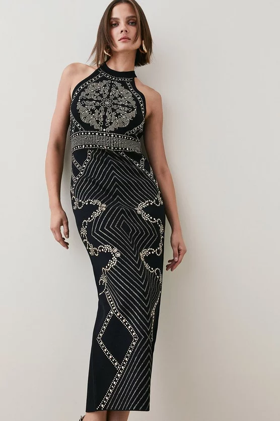 Budget ๐งจ Karen Millen All Over Baroque Hot Fix Halter Neck Neck Midaxi ๐ Dress โค๏ธ 3 Budget ๐งจ Karen Millen All Over Baroque Hot Fix Halter Neck Neck Midaxi ๐ Dress โค๏ธ