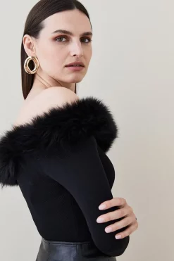 Best reviews of 🛒 Karen Millen Faux Fur Bardot Knit Top - black ❤️