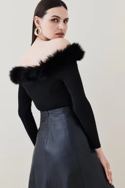 Best reviews of 🛒 Karen Millen Faux Fur Bardot Knit Top - black ❤️ -Occasionwear Popular Store bkk02381 black xl 2