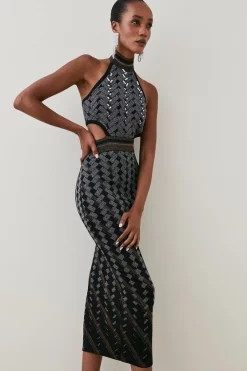Best Pirce ⭐ Karen Millen Embellished Geo Jacquard Knit Pencil Midaxi 👗 Dress - black 🌟 -Occasionwear Popular Store bkk02512 black xl 1