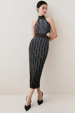 Best Sale ✔️ Karen Millen Petite Geo Jacquard Knit Pencil Midi 👗 Dress - black 🔥