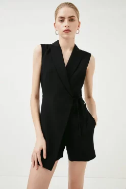 Promo ❤️ Karen Millen Compact Viscose Sleeveless Tux Playsuit - black 🧨