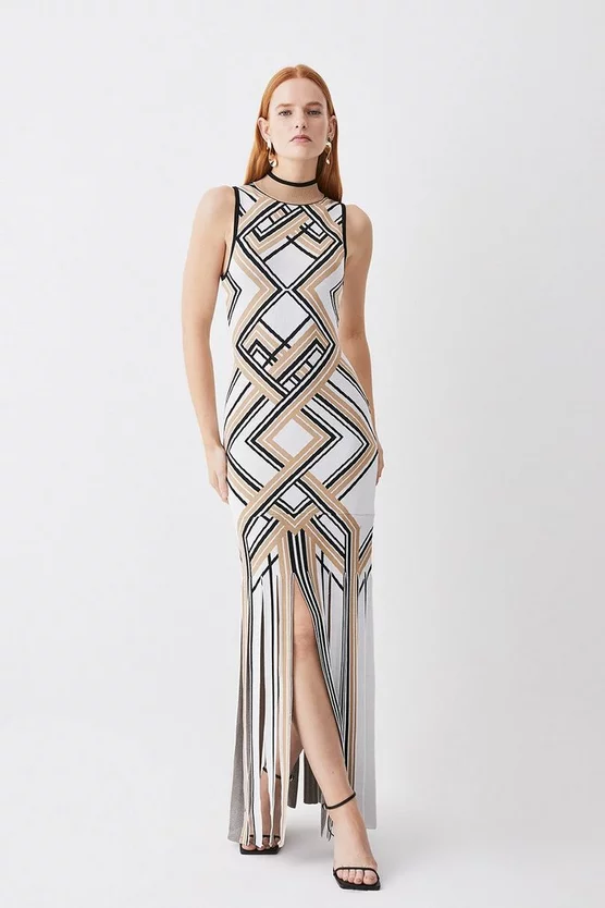 Budget 🌟 Karen Millen Sliced Hem Placement Stripe Knit Jacquard Maxi 👗 Dress 🤩 3 Budget 🌟 Karen Millen Sliced Hem Placement Stripe Knit Jacquard Maxi 👗 Dress 🤩