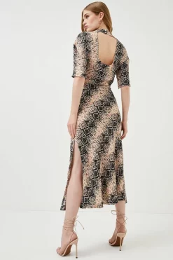 Hot Sale ⌛ Karen Millen Viscose Satin Snake Cowel Woven Midi 👗 Dress ❤️ -Occasionwear Popular Store bkk02647 snake xl 2
