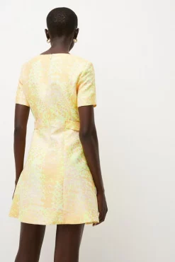 Outlet 🛒 Karen Millen Animal Jacquard Peplum Hem Mini 👗 Dress - yellow ❤️ -Occasionwear Popular Store bkk02709 yellow xl 2