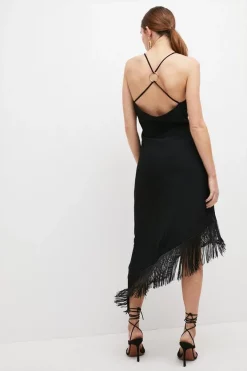 Budget 🌟 Karen Millen Asymmetric Fringe Strappy Cami Midi 👗 Dress ✔️ -Occasionwear Popular Store bkk02722 black xl 2