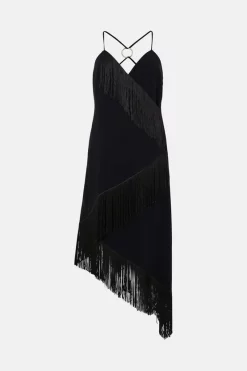 Budget 🌟 Karen Millen Asymmetric Fringe Strappy Cami Midi 👗 Dress ✔️ -Occasionwear Popular Store bkk02722 black xl 3