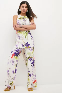 New ❤️ Karen Millen Petite Scattering Viola and Tulipa Floral Compact Viscose High Waist Trouser ✔️