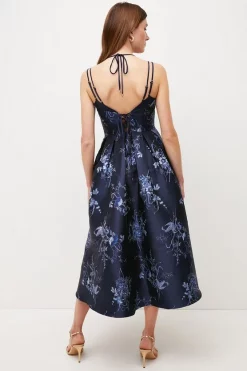 Cheap ✔️ Karen Millen Floral Jacquard Strappy Woven Midi Prom 👗 Dress - navy ✔️ -Occasionwear Popular Store bkk02868 navy xl 2