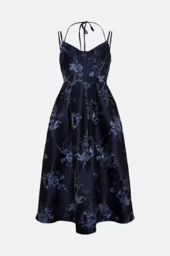 Cheap ✔️ Karen Millen Floral Jacquard Strappy Woven Midi Prom 👗 Dress - navy ✔️ -Occasionwear Popular Store bkk02868 navy xl 3