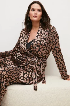Hot Sale 🔥 Karen Millen Plus Size Jacquard Satin Belted Double Breasted Jacket - leopard 🔥 -Occasionwear Popular Store bkk02925 leopard xl 1