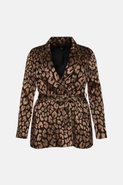Hot Sale 🔥 Karen Millen Plus Size Jacquard Satin Belted Double Breasted Jacket - leopard 🔥 -Occasionwear Popular Store bkk02925 leopard xl 3