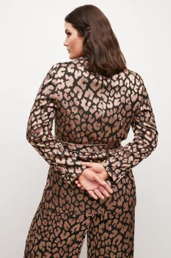 Hot Sale 🔥 Karen Millen Plus Size Jacquard Satin Belted Double Breasted Jacket - leopard 🔥 -Occasionwear Popular Store bkk02925 leopard xl 4