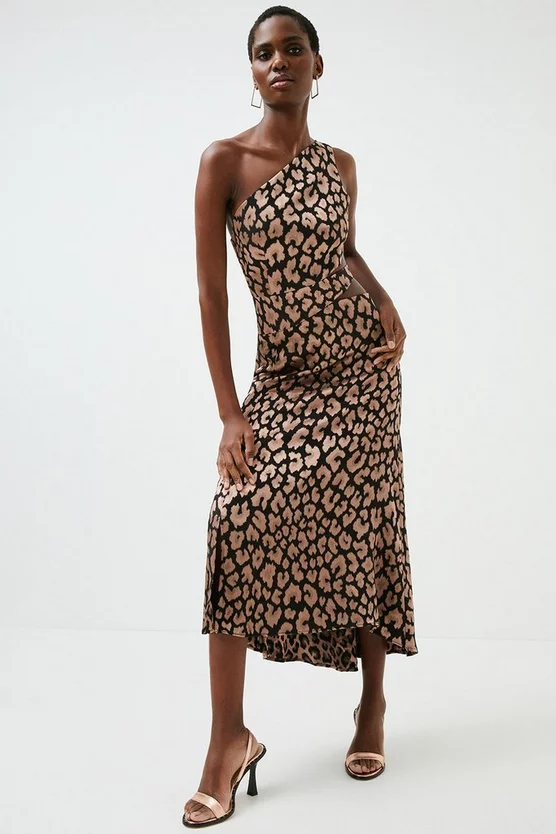 Hot Sale 🎁 Karen Millen Leopard Jacquard Satin Cut One Shoulder Midaxi 👗 Dress 😍 3 Hot Sale 🎁 Karen Millen Leopard Jacquard Satin Cut One Shoulder Midaxi 👗 Dress 😍