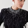 Best Sale 🌟 Karen Millen Feather Embellishment Mesh Detail Jumper - black ⌛ -Occasionwear Popular Store bkk02980 black xl