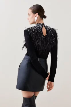 Best Sale 🌟 Karen Millen Feather Embellishment Mesh Detail Jumper - black ⌛ -Occasionwear Popular Store bkk02980 black xl 2