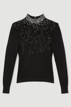 Best Sale 🌟 Karen Millen Feather Embellishment Mesh Detail Jumper - black ⌛ -Occasionwear Popular Store bkk02980 black xl 3
