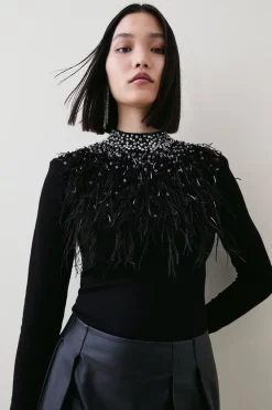Best Sale 🌟 Karen Millen Feather Embellishment Mesh Detail Jumper - black ⌛ -Occasionwear Popular Store bkk02980 black xl 4