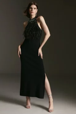 Hot Sale 🤩 Karen Millen Feather Embellished Knit Maxi 👗 Dress - black 💯 -Occasionwear Popular Store bkk02982 black xl 1