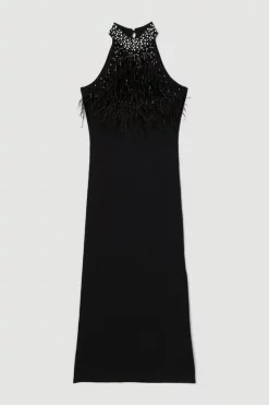 Hot Sale 🤩 Karen Millen Feather Embellished Knit Maxi 👗 Dress - black 💯 -Occasionwear Popular Store bkk02982 black xl 3