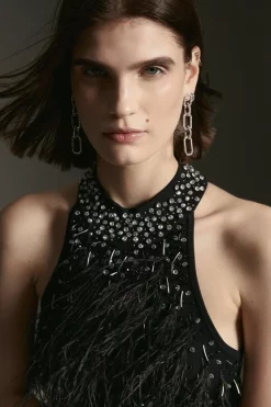 Hot Sale 🤩 Karen Millen Feather Embellished Knit Maxi 👗 Dress - black 💯 -Occasionwear Popular Store bkk02982 black xl 4