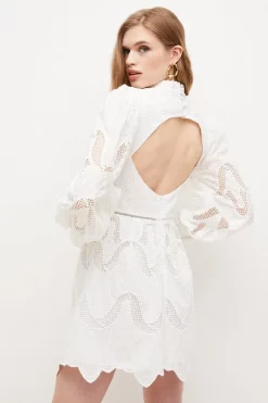 New ✨ Karen Millen Cutwork Broderie Open Back Woven Mini 👗 Dress - white 🧨