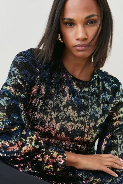 Top 10 👍 Karen Millen Premium Sequin Crepe Long Sleeve Top - multi 😀 -Occasionwear Popular Store bkk03198 multi xl 1