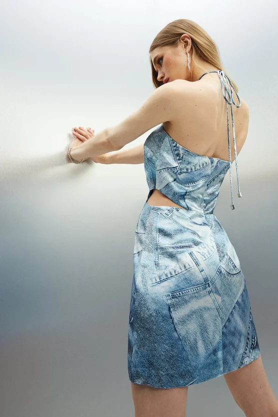 Best Pirce ✔️ Karen Millen Denim Print Satin Cut Out Aline Mini 👗 Dress - multi 🌟 6 Best Pirce ✔️ Karen Millen Denim Print Satin Cut Out Aline Mini 👗 Dress - multi 🌟 - Image 4