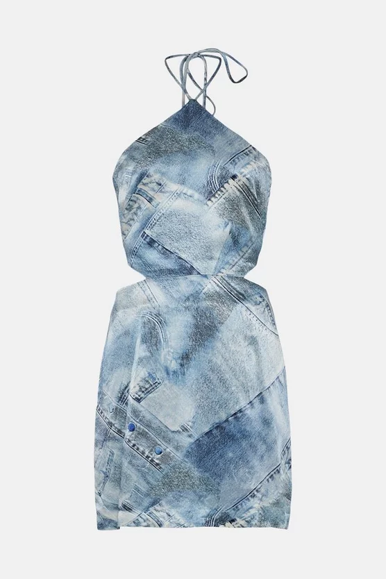 Best Pirce ✔️ Karen Millen Denim Print Satin Cut Out Aline Mini 👗 Dress - multi 🌟 7 Best Pirce ✔️ Karen Millen Denim Print Satin Cut Out Aline Mini 👗 Dress - multi 🌟 - Image 5