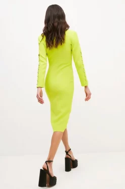 Cheapest 🔥 Karen Millen Petite Compact Viscose Stud Cuff Pencil Midi 👗 Dress - lime 🎁 -Occasionwear Popular Store bkk03344 lime xl 2