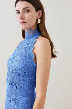 Top 10 🧨 Karen Millen Guipure Lace Woven Halter Midi 👗 Dress - blue 🌟 -Occasionwear Popular Store bkk03445 blue xl 1