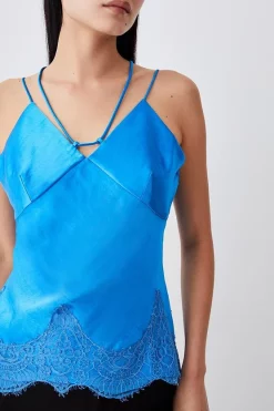 Buy ✨ Karen Millen Textured Satin Lace Hem Woven Cami 🤩 -Occasionwear Popular Store bkk03521 blue xl 2