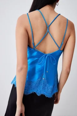 Buy ✨ Karen Millen Textured Satin Lace Hem Woven Cami 🤩 -Occasionwear Popular Store bkk03521 blue xl 4
