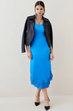 Hot Sale 💯 Karen Millen Textured Satin Lace Hem Woven Midi Slip 👗 Dress ✨ -Occasionwear Popular Store bkk03526 blue xl 2