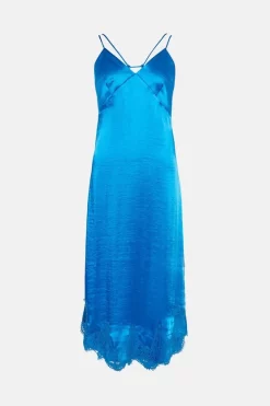 Hot Sale 💯 Karen Millen Textured Satin Lace Hem Woven Midi Slip 👗 Dress ✨ -Occasionwear Popular Store bkk03526 blue xl 3