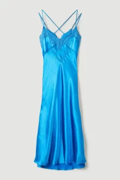 New 🎉 Karen Millen Textured Satin Lace Trim Woven Maxi Slip 👗 Dress 😉 -Occasionwear Popular Store bkk03529 blue xl 4