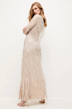 Coupon 👍 Karen Millen Crystal Embellished Fringed Maxi 👗 Dress - ivory ⭐ -Occasionwear Popular Store bkk03550 blush xl 2