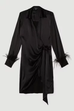 Cheapest ⭐ Karen Millen Satin Back Crepe Feather Cuff Mini 👗 Dress 😍 -Occasionwear Popular Store bkk03571 black xl 3