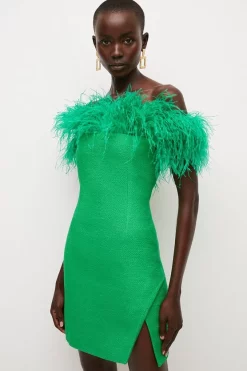 Buy 👍 Karen Millen Boucle Feather Bardot Mini 👗 Dress 😀 -Occasionwear Popular Store bkk03589 green xl 2