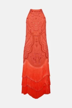 Brand new ⭐ Karen Millen Fringed Beaded Woven Midi 👗 Dress 🎉 -Occasionwear Popular Store bkk03634 coral xl 3