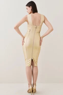 Hot Sale 😍 Karen Millen Foiled Bandage Knit Midi 👗 Dress 🥰 -Occasionwear Popular Store bkk03651 gold xl 2