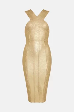Hot Sale 😍 Karen Millen Foiled Bandage Knit Midi 👗 Dress 🥰 -Occasionwear Popular Store bkk03651 gold xl 3