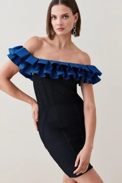 Flash Sale 😉 Karen Millen Sparkle Drama Frill Bardot Bandage Knit Mini 👗 Dress - black ⌛ -Occasionwear Popular Store bkk03663 black xl 1