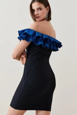 Flash Sale 😉 Karen Millen Sparkle Drama Frill Bardot Bandage Knit Mini 👗 Dress - black ⌛ -Occasionwear Popular Store bkk03663 black xl 2