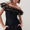 Outlet ✨ Karen Millen Sparkle Drama Frill Bardot Bandage Top - black 🌟 -Occasionwear Popular Store bkk03664 black xl