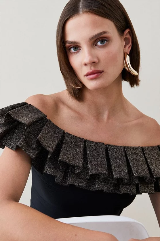 Outlet โจ Karen Millen Sparkle Drama Frill Bardot Bandage Top - black ๐ 4 Outlet โจ Karen Millen Sparkle Drama Frill Bardot Bandage Top - black ๐ - Image 2