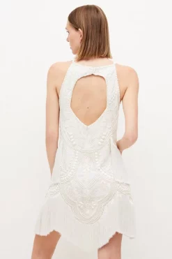 Hot Sale 👍 Karen Millen Petite Fringed Beaded Halter Mini 👗 Dress - ivory 😀 -Occasionwear Popular Store bkk03760 ivory xl 2