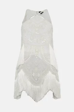 Hot Sale 👍 Karen Millen Petite Fringed Beaded Halter Mini 👗 Dress - ivory 😀 -Occasionwear Popular Store bkk03760 ivory xl 3