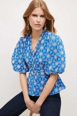 Flash Sale 🌟 Karen Millen Contrast Cotton Broderie Woven Blouse - blue ✨