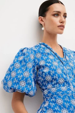 Discount 💯 Karen Millen Petite Contrast Cotton Broderie Woven Blouse - blue 💯